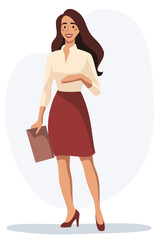 Flat vector illustration. A happy woman standing and holding a tablet in her hands. Vector illustration