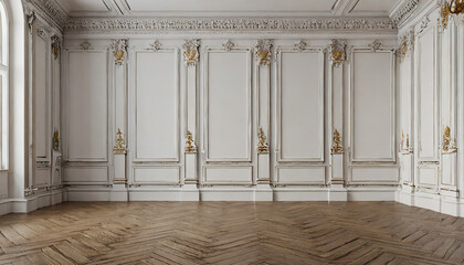 White wall with classic style mouldings and wooden floor, empty room interior, 3d render