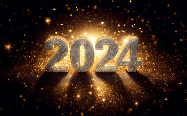 Happy New Year 2024 three-dimensional numbers encrusted with diamonds and surrounded by gold glitter. 