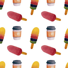Watercolor seamless pattern of  fruit popsicles with cup of coffee  on white background.  Hand painted sweet summer day elements.  Texture for decor, wrapping paper, scrapbooking. 