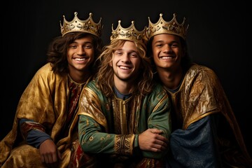 Portrait of three young adult men on three wise men costume. Reyes magos. Studio shot. Generative AI. - obrazy, fototapety, plakaty