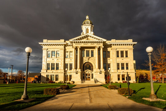 Missoula County Court House against dramatic sky in sunset in Missoula, Montana