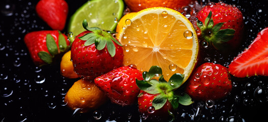 Fresh fruit mix, with water drops over it, closeup macro detail. Generative AI