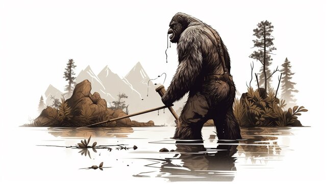 Bigfoot fishing vector white bg high detail animal image AI generated art