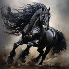Black friesian horse animal royale riding illustration picture AI generated art