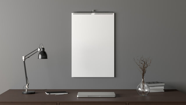 Wall calendar mockup in living room