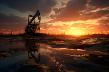 Photo of crude oil pumpjack rig at sunset. Concept art of oil production or issues of nature...
