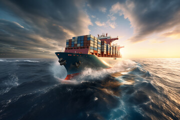 A powerful, reliable sea container ship that transports containers around the world over the endless waves of the ocean. - obrazy, fototapety, plakaty
