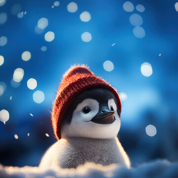 Cute little penguin wearing hat, magical holiday night, beautiful lights. Christmas and New Year concept. Miracles, cute animals, snowfall, bokeh. Design for postcard, greeting card. Wallpaper.
