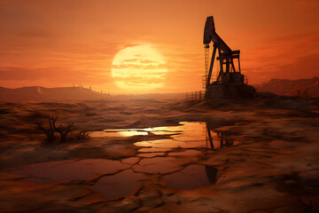Photo of crude oil pumpjack rig at sunset. Concept art of oil production or issues of nature...