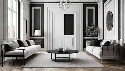 Modern living room interior in french style with moldings, black and white interior, big square...