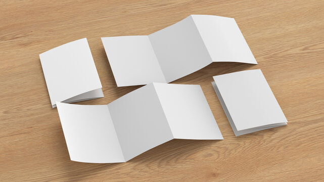 Vertical A5 pages accordion or zigzag trifold brochure mockup on wooden background. Three panels, six pages leaflet