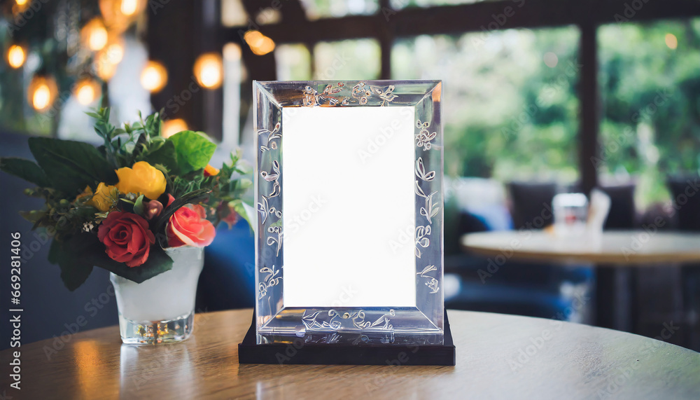 Poster mock up acrylic frame posters pattern template forms background, blank menu frame on table in coffee