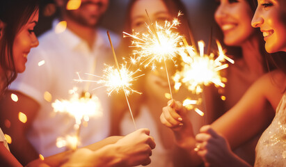 Group of happy people holding sparklers at Christmas or New year party and smiling. Bengal light at the wedding party - obrazy, fototapety, plakaty