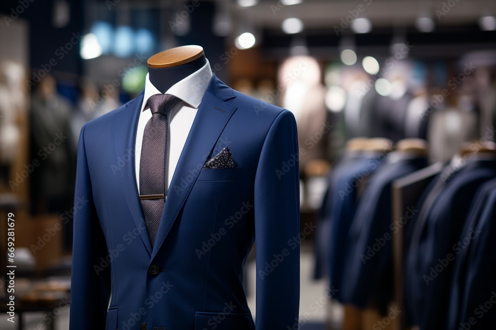 Poster mannequin in the show room, suits atelier concept. background with selective focus and copy space