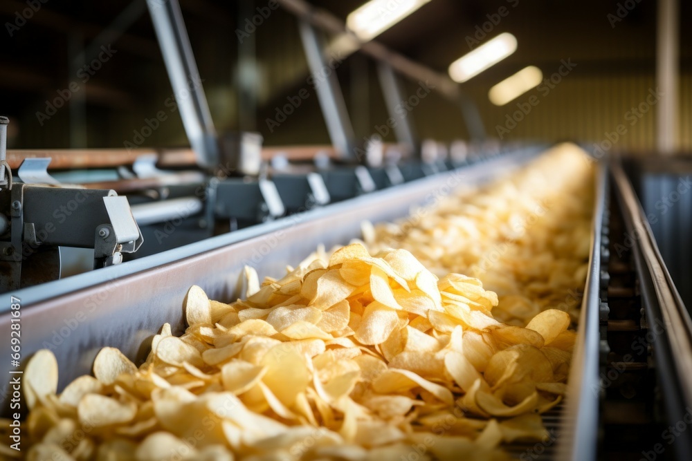 Poster chips factory. production conveyor line. background with selective focus and copy space