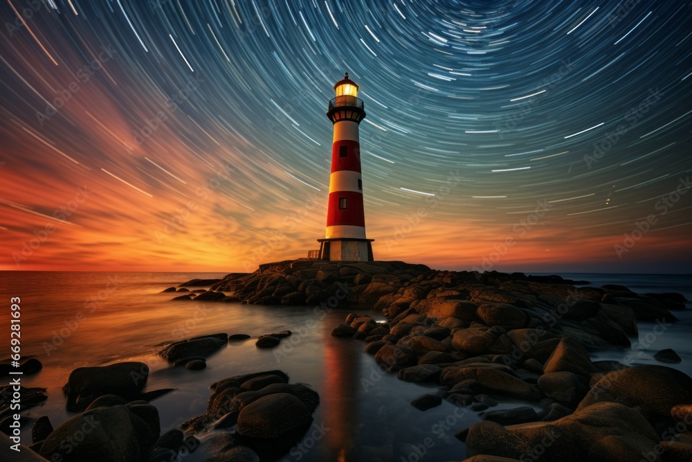 Poster lighthouse on the seashore. background with selective focus and copy space