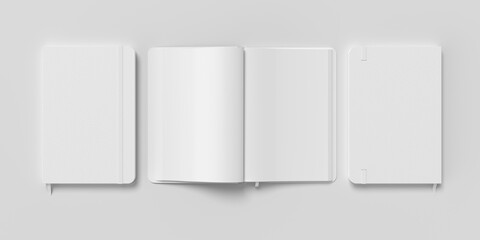 White cover notebook and opened notebook mockup on white background