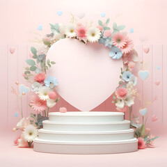 Four Stairs Podium Background with Flowers and Heart Shape