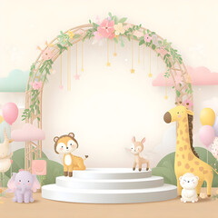 Podium Background with an Arch, Clouds, Flowers, Giraffe and Elephant in Pastel Colors for Baby Shower