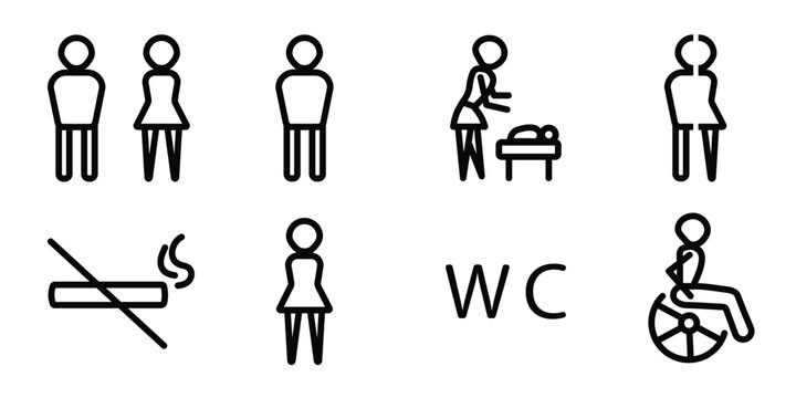 Toilet sign, wc black line icon set, original outline restroom symbols