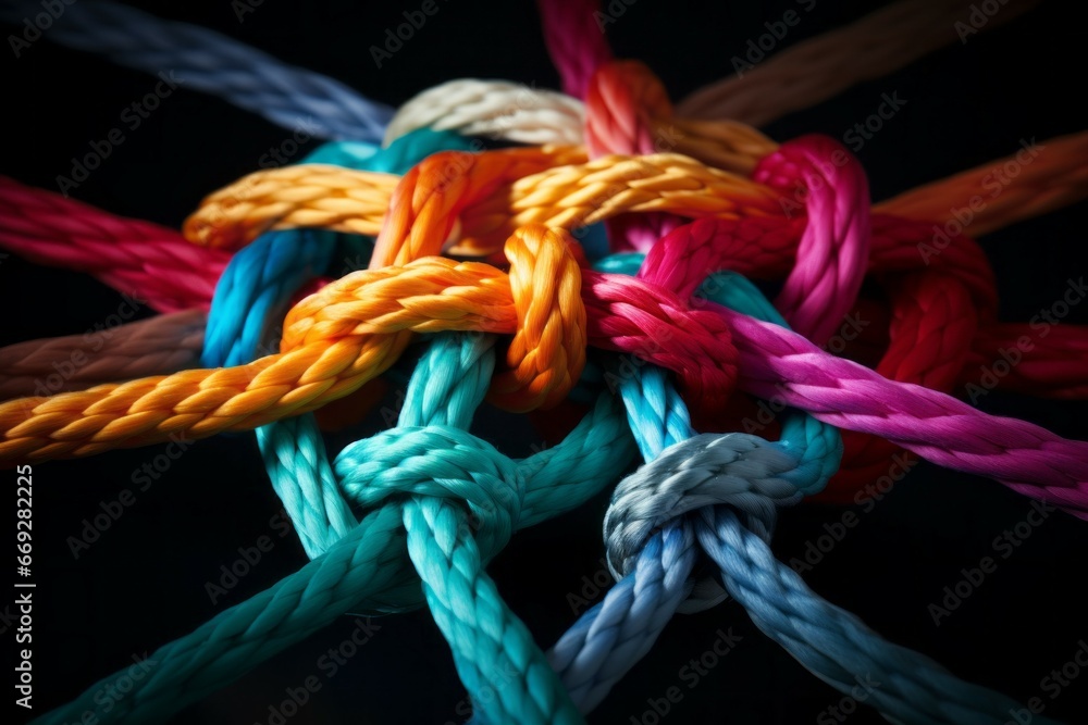 Poster different ropes are woven into a knot. teamwork concept. background with selective focus and copy sp