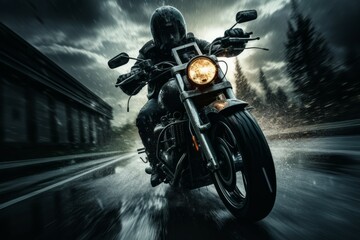 A motorcyclist races at speed on a motorcycle. Background with selective focus and copy space