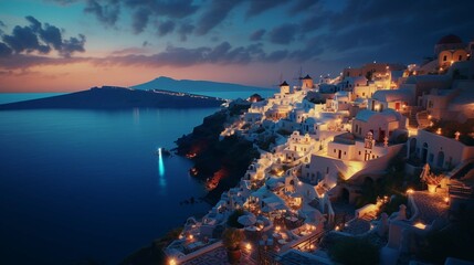Night lights after sunset at Santorini island, Greece. 8k full hd high resolution image 