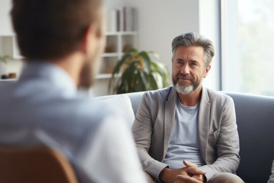 A male psychologist works with a client. Portrait with selective focus and copy space