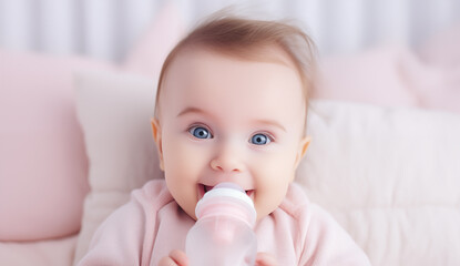 Adorable 7 month old baby in bed with a milk bottle