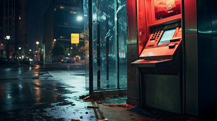 ATM on the street at night. The concept of 24/7 access to money in your bank account.