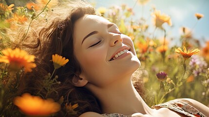 Happy young woman lying on a meadow among flowers