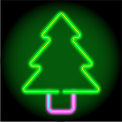 Fototapeta premium Green Christmas tree with neon glow on a black background vector. Design element for decoration of Christmas holidays and New Year