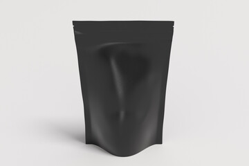 Black packaging pouch mockup for tea, coffee, snack on white background