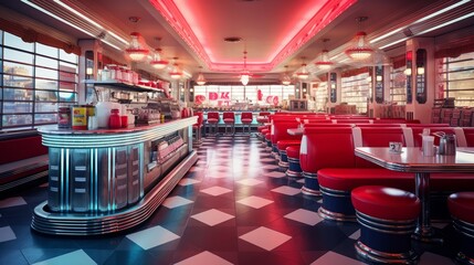  bustling 1950s diner, retro style, checkered floor, chrome fixtures, and neon signs, copy space, 16:9