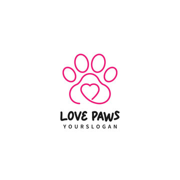 Monoline Paw print with a heart Logo Design Symbol Template Flat Style Vector Illustration