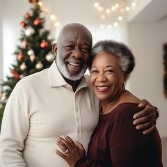 Romantic sweet senior African American couple hugging, Christmas tree, smiling while celebrating...