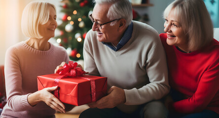 Fototapeta na wymiar Photo of Happy senior couple exchanging Christmas presents during the day at home. Elderly woman giving present to her beloved husband. Gray hair couple celebrating New Year, multiethnic 