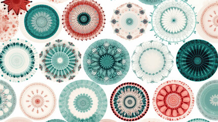 Simple Christmas seamless pattern with geometric motifs. Snowflakes and circles with different ornaments. Retro textile collection. On white background.