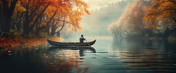 Person rowing on a calm lake in autumn, aerial view only small boat visible with serene water around - lot of empty copy space for text