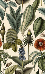 botanical herbarium flowers and leaves background, floral frame.
