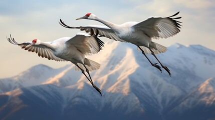 Sandhill Cranes in flight with mountains in the background. 3D illustration. © Gorilla Studio