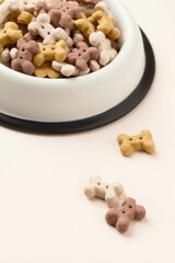 Dry dog food in bowl on beige background