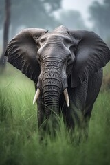 elephant in the rain among the grass
