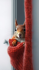 Surprised funny squirrel opens the door of house. High quality photo