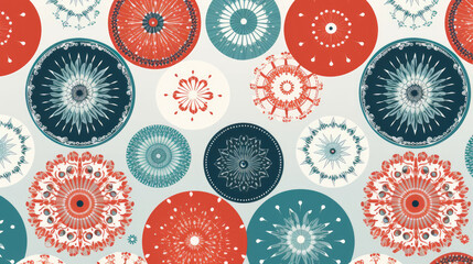 Simple Christmas seamless pattern with geometric motifs. Snowflakes and circles with different ornaments. Retro textile collection. On white background.
