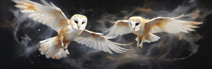 Two white barn owls flying in the sky with smoke on black background