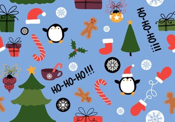 Christmas animals seamless penguin and gloves and snowflakes and tree and toys pattern for wrapping paper
