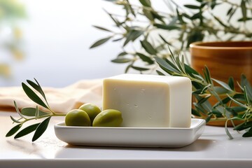 Obraz na płótnie Canvas peace of hand made soap and branch of olive tree with leaves and green olives levitating on soup, on bright background, minimalistic product photography
