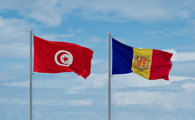 Tunisia and Andorra national flags, country relationship concept